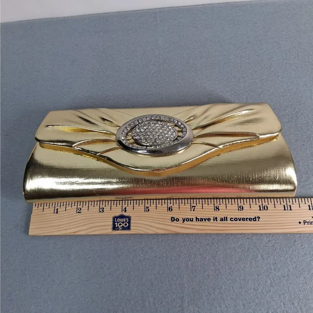Ray USA Formal Bag Purse Gold Colored w/ Rhinestones Clutch Shoulder Crossbody